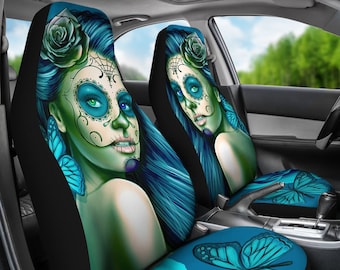 Calavera Car Seat Covers, Day of the Dead Skull Design (Set of 2)