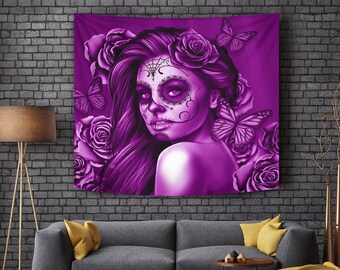Calavera (Día de Muertos) Diseño de calavera de Halloween n.° 2 (Rosa de búho nocturno morado) Tapiz colgante/Decoración de pared