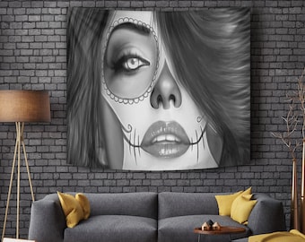 Calavera (Día de Muertos) Diseño de calavera de Halloween n.° 3 (Vintage Retro) Tapiz colgante / Decoración de pared