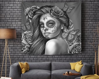 Calavera (Día de Muertos) Diseño de calavera de Halloween n.° 2 (Vintage Retro) Tapiz colgante / Decoración de pared