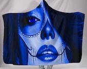 Calavera (Day Of The Dead Dia De Los Muertos) Halloween Skull Design 3 Hooded Sherpa Blanket (Blue Lapis Lazuli)
