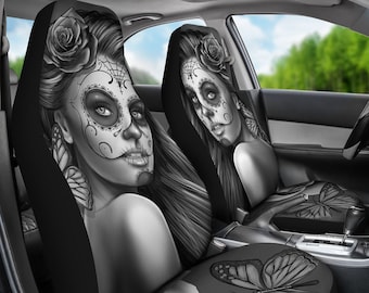 Calavera (Day Of The Dead / Dia De Los Muertos) Halloween Skull Design #2 Pair Of Micro Fiber Car Seat Covers (Vintage Retro)