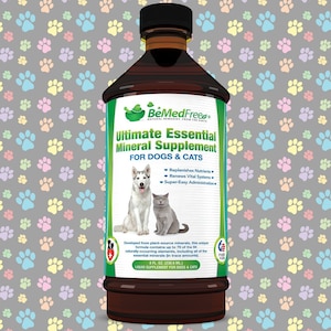 May include: A brown glass bottle with a green label that reads "BeMedFreed" and "Ultimate Essential Mineral Supplement for Dogs & Cats". The label also features a dog and cat, and lists the product's benefits: Replenishes Nutrients, Renews Vital Systems, and Super-Easy Administration. The bottle is 8 fl oz (236.6 ml) and is made in the USA.