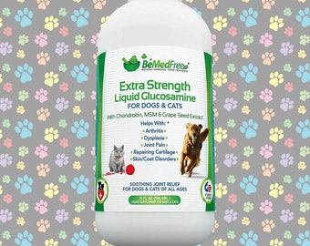 BeMedFree.com Liquid Glucosamine For Dogs & Cats, Hip and Joint Pain Relief Supplement, 32 fl. oz. - Extra Strength Custom Formulation