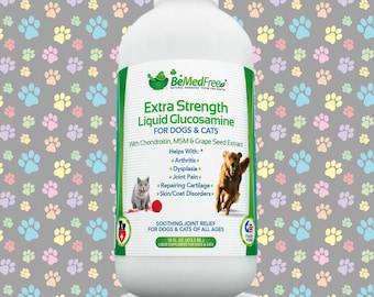 BeMedFree.com Liquid Glucosamine For Dogs & Cats, Hip and Joint Pain Relief Supplement, 16 fl. oz. - Extra Strength Custom Formulation