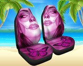 Calavera (Day Of The Dead Dia De Los Muertos) Halloween Skull Design 3 Pair Of Micro Fiber Car Seat Covers (Pink Mystic Topaz)
