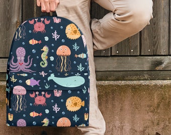 Sea Life Collection Backpack (Dark Blue) For Kids, Teens, And Adults - Gift For Anybody Who Loves Sea Life, Including Seahorses And Whales