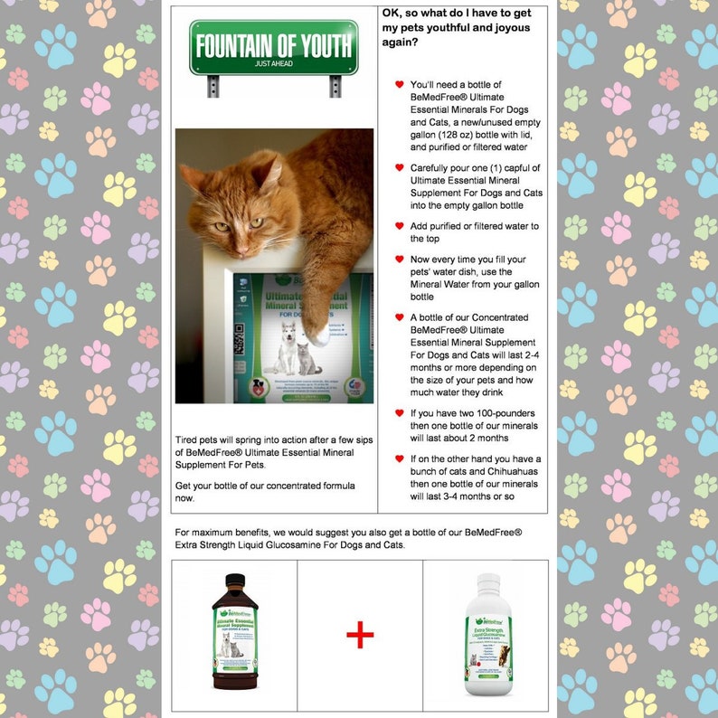 May include: A colourful image featuring a cat sitting on a sign that reads "Fountain of Youth, Just Ahead". The image also includes a bottle of BeMedFree Ultimate Essential Mineral Supplement for Dogs and Cats, a bottle of BeMedFree Extra Strength Liquid Glucosamine for Dogs and Cats, and the text "OK, so what do I have to get my pets youthful and joyous again?"