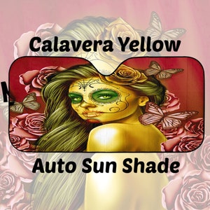 Calavera Auto Windschutzscheibe Sonnenschutz Halloween (Tag der Toten / Dia De Los Muertos) Schädel Design #2 (Gelber Smiley Gesicht Rose)
