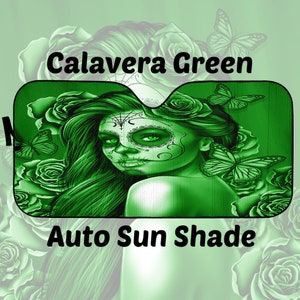 Calavera Auto Windschutzscheibe Sonnenschutz Halloween (Tag der Toten / Dia De Los Muertos) Schädel Design #2 (Green Lime Rose)