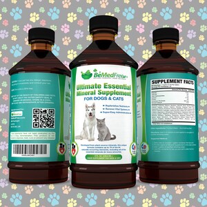 May include: A brown glass bottle with a white label that reads "BeMedFree Ultimate Essential Mineral Supplement for Dogs & Cats". The label also includes a picture of a husky dog and a cat. The bottle is 8 fl oz (236.5 ml) and is a liquid supplement for dogs and cats. The back of the bottle has a QR code and the text "Supplement Facts" with a list of ingredients.