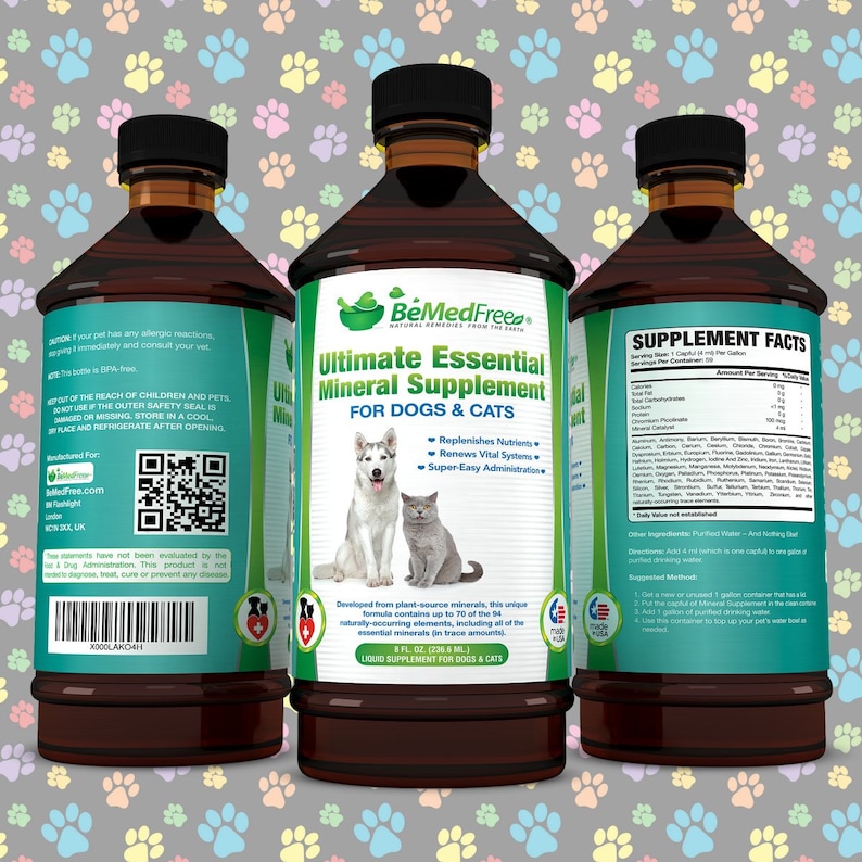 May include: A brown glass bottle with a white label that reads "BeMedFree Ultimate Essential Mineral Supplement for Dogs & Cats". The label also includes a picture of a husky dog and a cat. The bottle is 8 fl oz (236.5 ml) and is a liquid supplement for dogs and cats. The back of the bottle has a QR code and the text "Supplement Facts" with a list of ingredients.