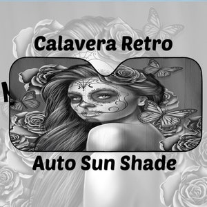 Calavera Auto Windschutzscheibe Sonnenschutz Halloween (Tag der Toten / Dia De Los Muertos) Schädel Design #2 (Vintage Retro)