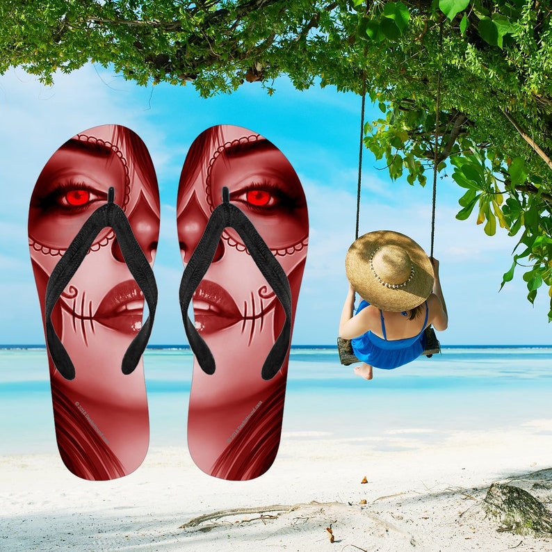 Red Garnet Calavera Halloween Skull Design #3 Women/'s Flip-Flops Day Of The Dead Dia De Los Muertos