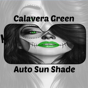 Calavera Auto Windschutzscheibe Sonnenschutz Halloween (Tag der Toten / Dia De Los Muertos) Schädel Design #4 (grün)