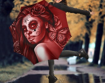 Diseño Gótico de Cráneo de Halloween #2 Día de Los Muertos / Día de Los Muertos Accesorios Paraguas y accesorios para la lluvia Paraguas Semiautomático Calavera Rosa de Lima Verde 