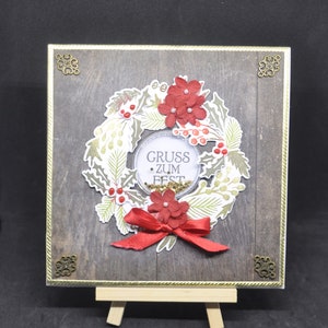 Schüttelweihnachtskarte, Türkranz Advent, Weihnacht mit roten Blumen, Weihnachtsgeschenk mit Kranz, goldrote Weihnachtskarte mit Schleife