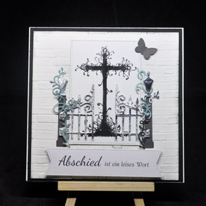 handgemachte Trauerkarte mit Kreuz, Beileidskarte christlich, Trauerspruch, mit Umschlag, Kondolenzkarte , Schmetterling auf Kreuz, Friedhof