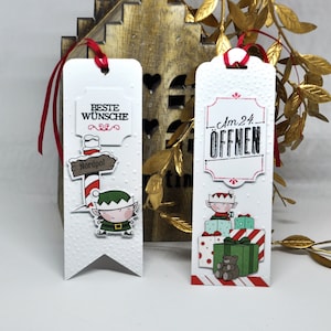 Geschenkanhänger zu Weihnachten, weiße Anhänger mit Elfen, Tags für Geschenke, Nordpol und Geschenke, lustige Elfenanhänger, handgemacht
