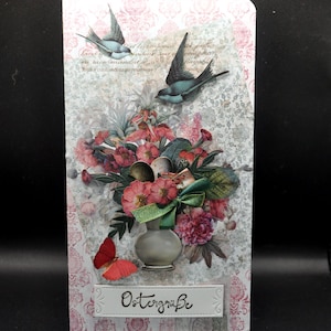 große, außergewöhnliche Pop Up Osterkarte, Frühlingsblumen in Vase, Osterspruch mit bunten Eiern, Schwalben und Schmetterlinge mit Osternest