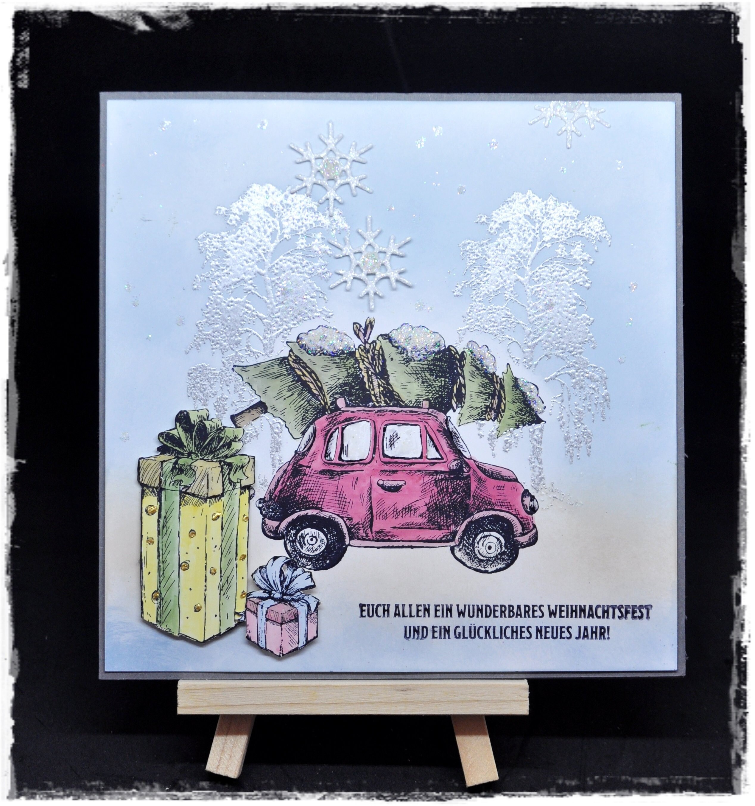 Weihnachtskarte Für Enkel Mit Rotem Oldtimer – 23 X 15 Cm, Festliches Design
