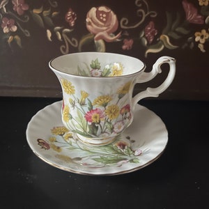 Royal Albert, Country Life Series, Meadowfield. Coffee cup and saucer, ladies cup and saucer. Small size Vintage English porcelain