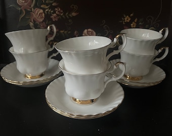 Royal Albert, Val D'Or, Vintage (Herren) große Teetassen und Untertassen, 6er-Set. Englisches Porzellan. Knochenporzellan. Jahrgang. Tasse und Untertasse, Teetasse