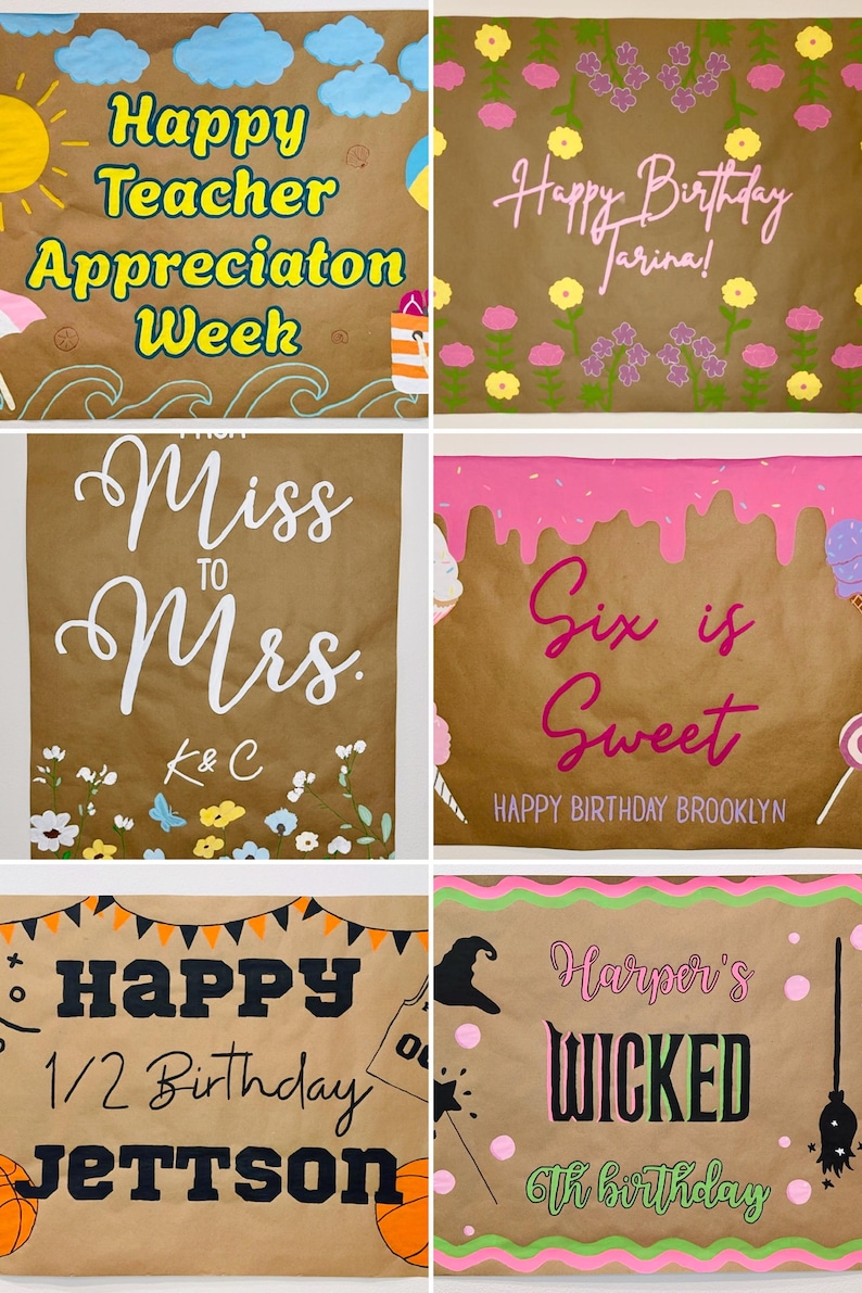 Puede incluir: Una colecci&oacute;n de pancartas hechas a mano con varios temas de celebraci&oacute;n. Los dise&ntilde;os incluyen "Happy Teacher Appreciation Week", "Happy Birthday Tarina", "Miss to Mrs.", "Six is Sweet", "Happy 1/2 Birthday Jettson" y "Harper's Wicked 6th Birthday."
