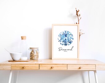 Geometric Gemstone Art Diamond, April Birthstone Print, Gift for Women ...