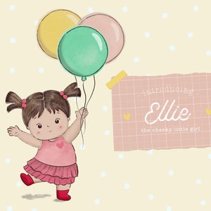 Ellie la bambina con palloncini: clipart dipinta a mano / vivaio /clipart / compleanno dei bambini / stampabile