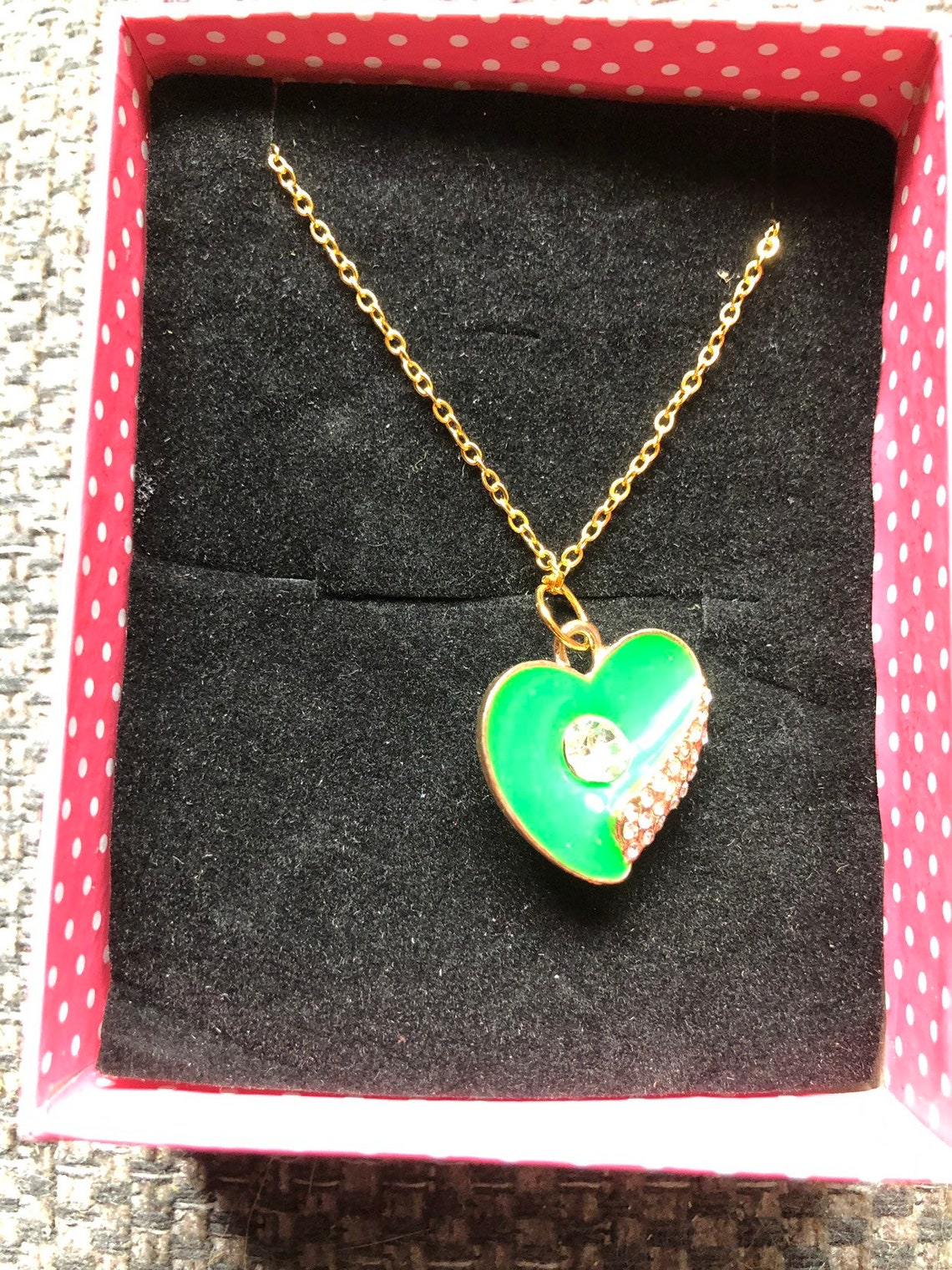 Green heart pendant on a gold tone chain Etsy
