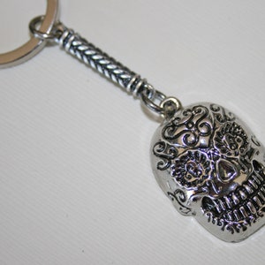 Skull key chain, silver colored sugar skull key chain, skull purse charm, skull backpack charm, skull gift, skull car accessory