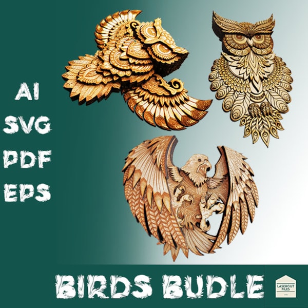 Paquete de pájaros mandala multicapa, archivo svg Glowforge dxf, svg, mandala 3d svg, modelo vectorial cortado por láser multicapa, mandala 3d multicapa