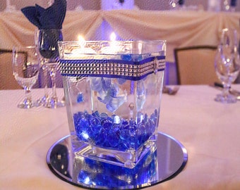 Royal Blue Lighted Square Glass Wedding Centerpiece