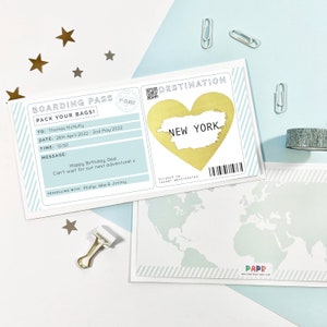 Surprise trip reveal scratch card, Holiday boarding pass, Personalised going away travel ticket, Vacation announcement idea, Plane template