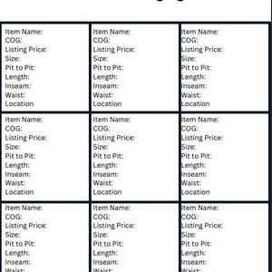 May include: A blank form with the title "Batch Processing Pg." and nine sections labeled "Item Name:", "COG:", "Listing Price:", "Size:", "Pit to Pit:", "Length:", "Inseam:", "Waist:", and "Location".