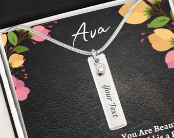 Ava Name Necklace with Choice of Birthstone - Engrave Any Name on the Necklace with Your Choice of Birthstone - Card is Also Customizable