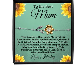 Best Mom Sunflower Bracelet - Personalized Gift from Son or Daughter - Jewelry Present for Mother's Day Birthday Christmas