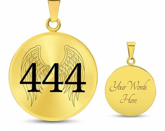 444 Gold Necklace - Angel Number Jewelry with Optional Engraving - Religious Pendant with Wings - Also Comes in Silver