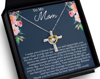 To My Mom Gift - Cross Dancing Necklace with Heart - 925 Sterling Silver Jewelry - Present from Son or Daughter - Gift Box with Message