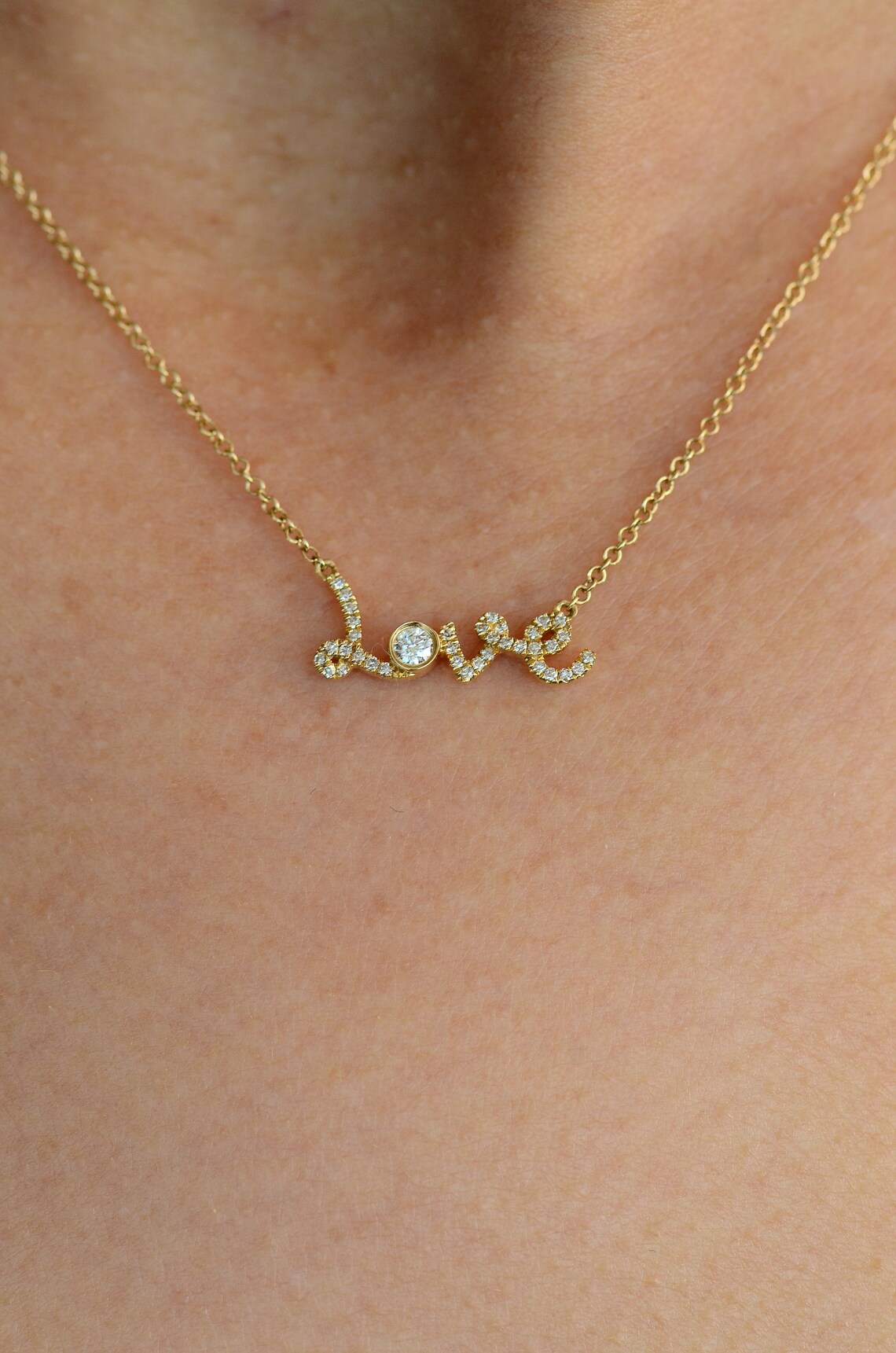 Gold Love Necklace, 14k Solid Gold Necklace, Love Necklace Gift for Her