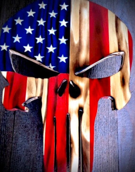 Retirement Gifts ManCave Wooden Carved American Flag SKULL Punisher Large 