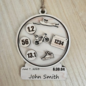 Personalized Race ornament, custom triathlon, marathon, race, commemorative ornament, Triathlon Wood Ornament