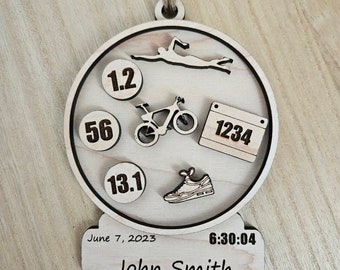 Personalized Race ornament, custom triathlon, marathon, race, commemorative ornament, Triathlon Wood Ornament