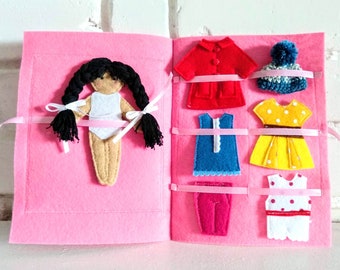 Doll dressing play set, Felt paper doll, Dress up doll, Felt doll, Non paper doll, Dark skin doll, Gift for girl