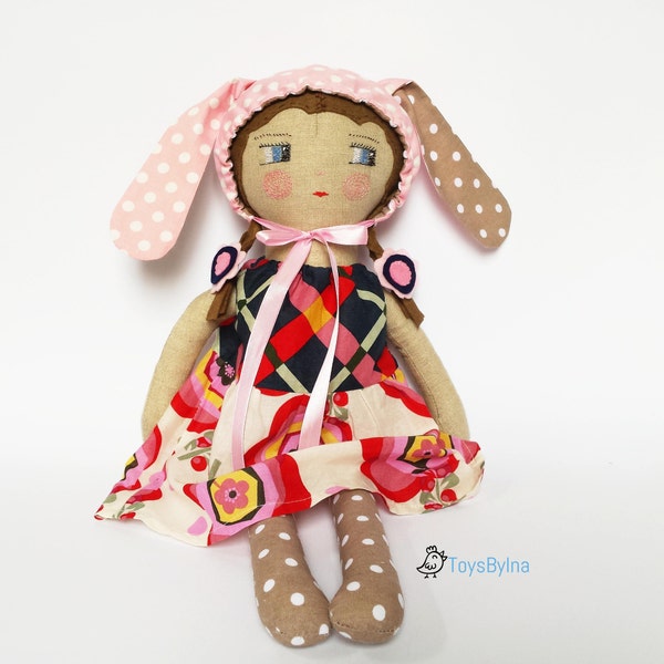 Rag doll with bunny ears bonnet , Heirloom doll, Cloth doll, Fabric doll, Bunny doll, Rabbit doll