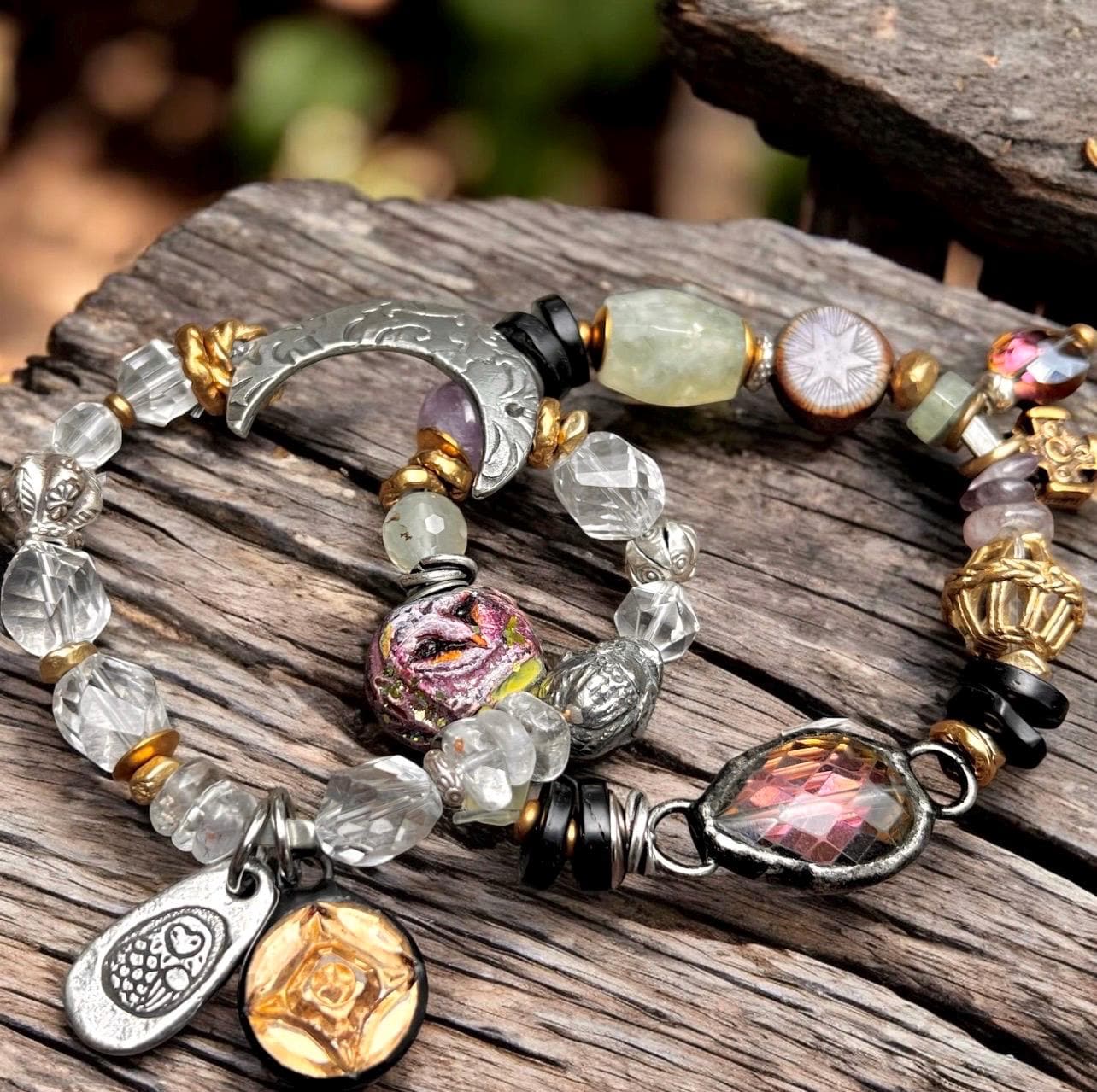 Chunky Mystical Owl Stretchy Bracelet Set.  Mixed  Beads Stretch Bracelet  Custom Owl Focal. Artsy M