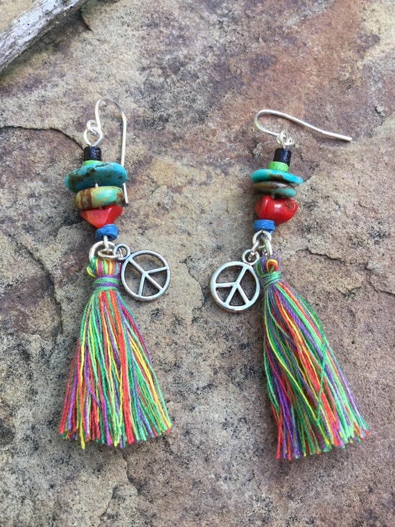 Tassel Drop Earrings. Colorful Gemstone and Tassel Boho | Etsy