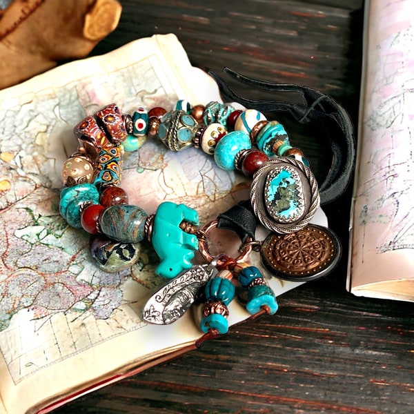 Turquoise Boho Beaded Button Closure Bracelet.  Adventure Bracelet with Millefiori Beads and Turquoise.