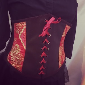 Red brocade and pleather underbust corset